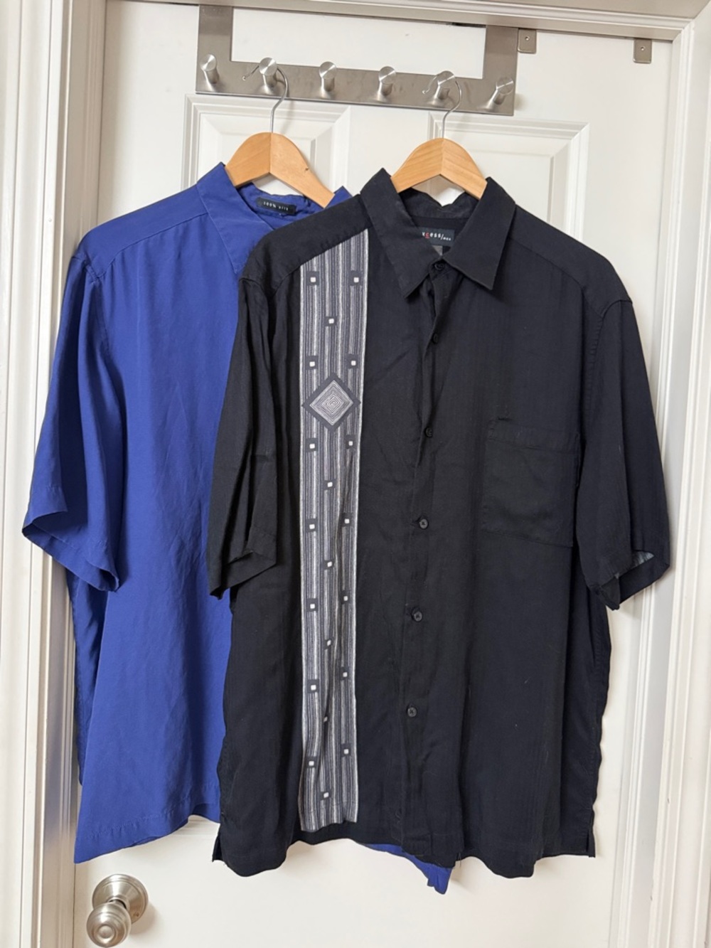 Men's Short-Sleeve Button Shirts - Black with Gray Stripe and Blue Silk